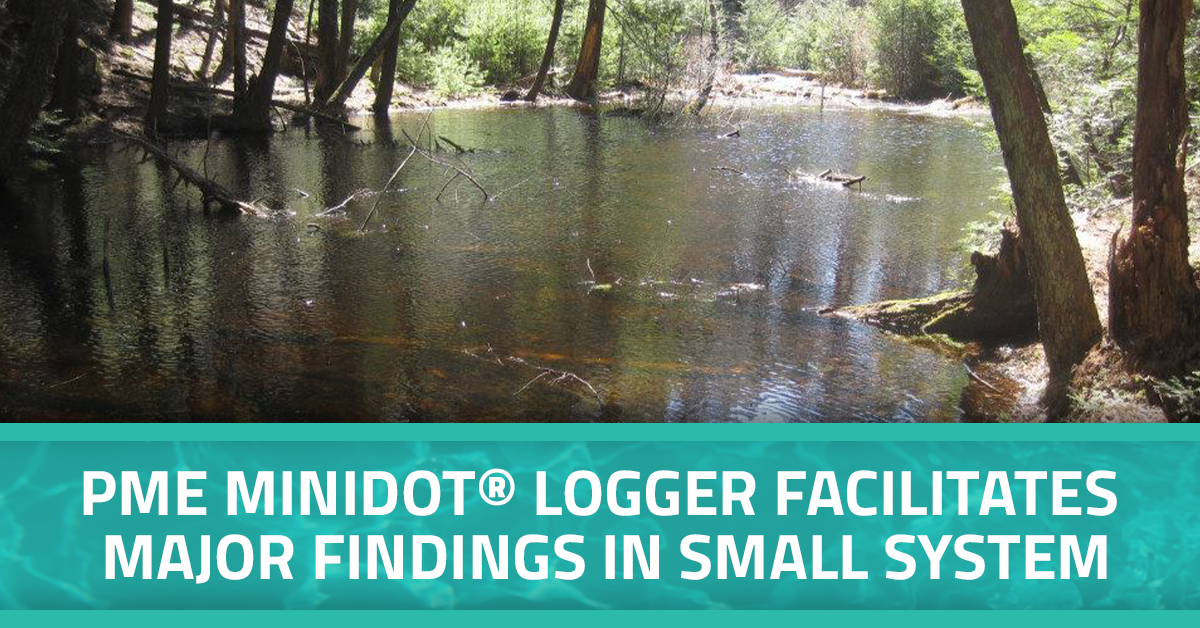 Graphic showing body of water with text 'PME miniDOT® Logger Facilitates Major Findings in Small System'