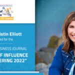Graphic image showing the PME CEO Kristin Elliott on the right. On the left the San Diego Business Journal's logo is featured with text that reads, "PME’s Kristin Elliott Selected for the San Diego Business Journal “Women of Influence in Engineering 2022."