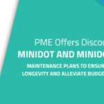 Graphic image showing the miniDOT clear logger with a teal and blue graphic to the right. There is white text on the graphic that reads, "PME Offers Discounted miniDOT and miniDOT Clear Maintenance Plans to Ensure Product Longevity and Alleviate Budget Headaches."