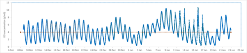 Figure showing a graph of 6-week DO concentration time-series on a 4th order stream in the Piako catchment