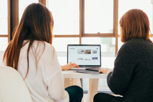 Graphic of two women working in front of desktop