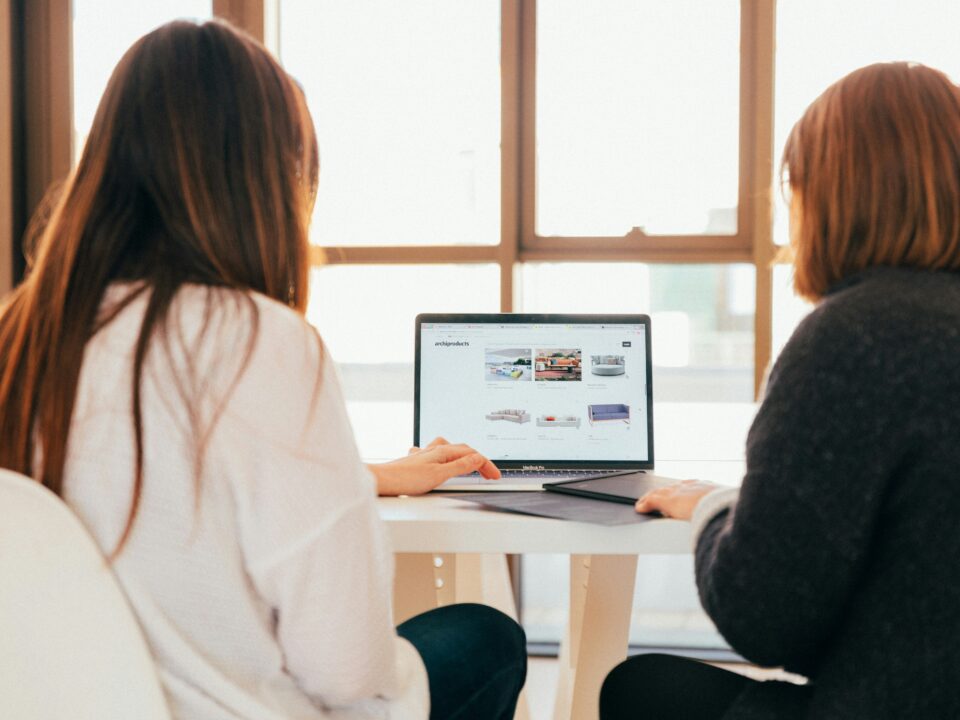 Graphic of two women working in front of desktop