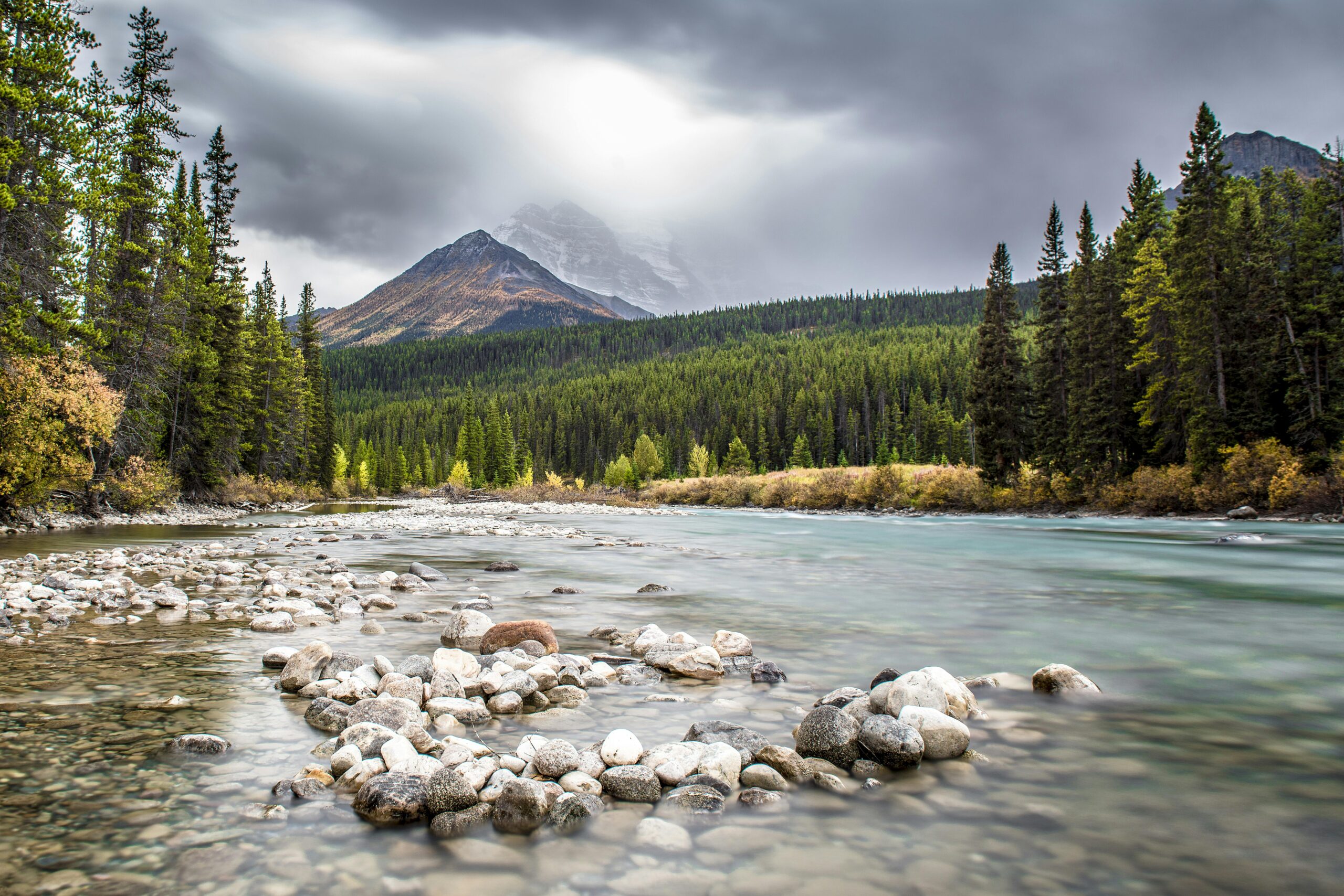Stream and mountain scenery in Canada.
