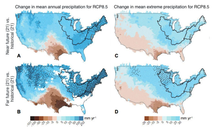 A graphic of two maps depicting projected increase (blue) and decrease (brown) in mean annual and extreme precipitation.