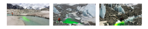 Images captured of scientists using four Cyclops-7 Loggers in combination with fluorescein-detecting fluorometers on Khumbu Glacier, Nepal.